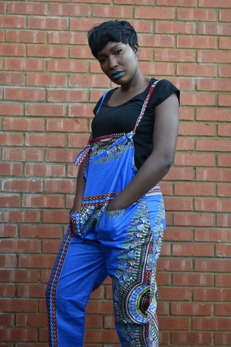 African Dungarees in Blue Dashiki Print - Festival Dungarees