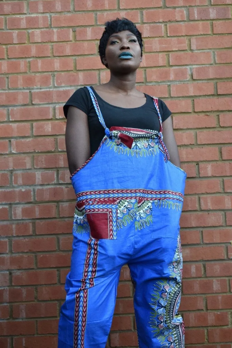 African Dungarees in Blue Dashiki Print - Festival Dungarees