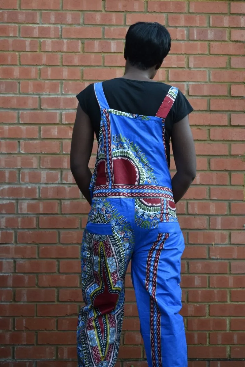 African Dungarees in Blue Dashiki Print - Festival Dungarees