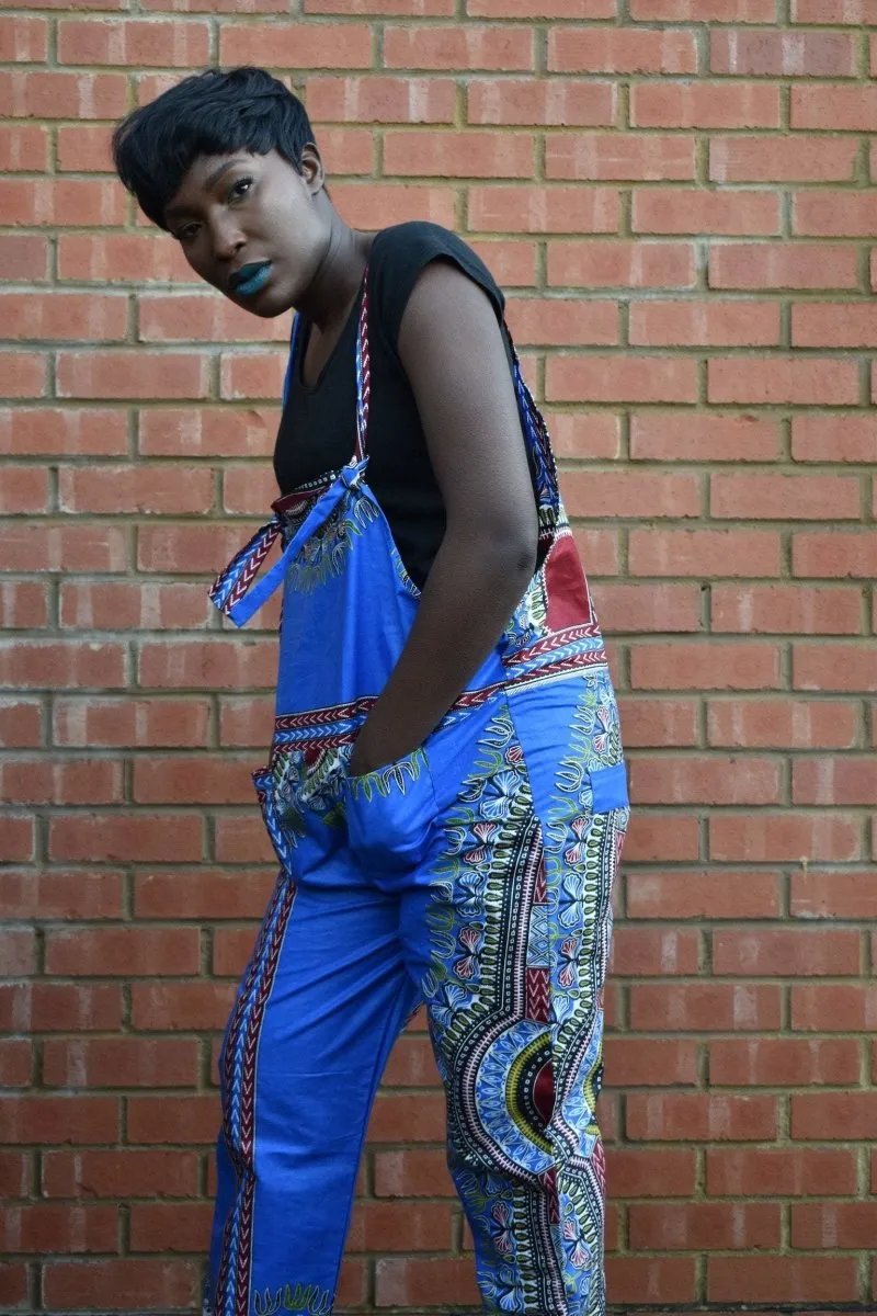 African Dungarees in Blue Dashiki Print - Festival Dungarees