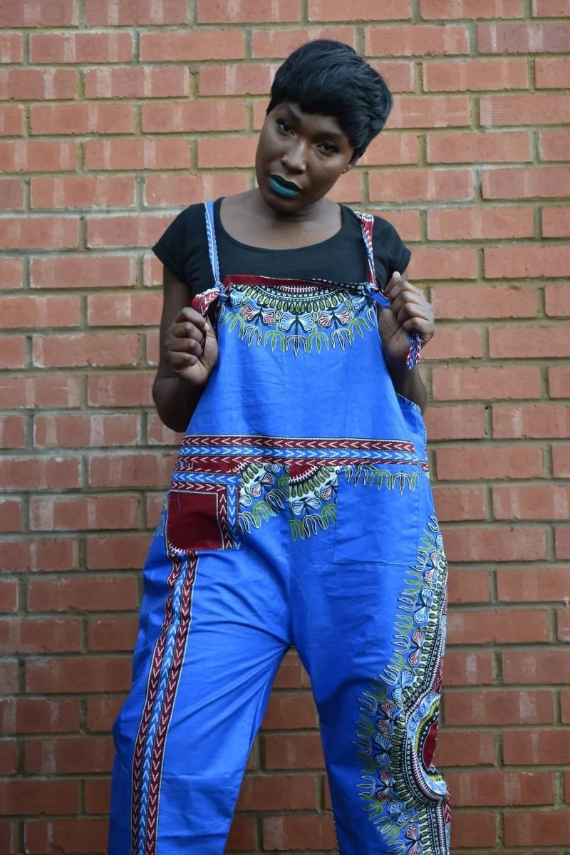 African Dungarees in Blue Dashiki Print - Festival Dungarees