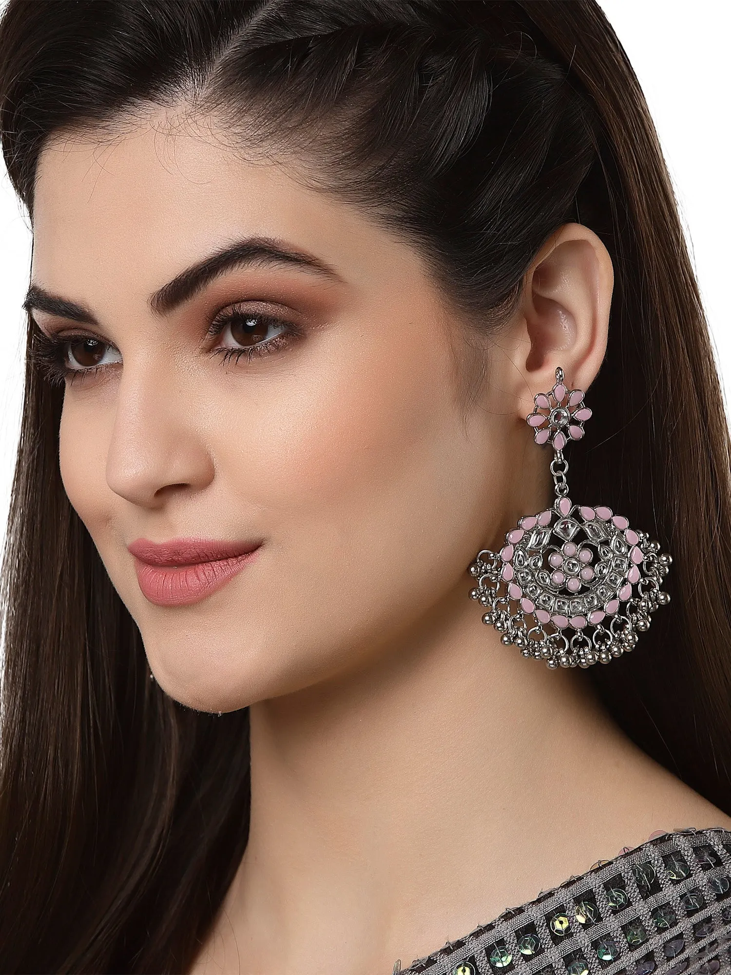 Antique Baby Pink Kundan Studded Oxidised Silver Handcrafted Chandbali Earrings