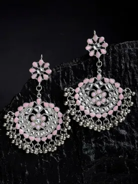 Antique Baby Pink Kundan Studded Oxidised Silver Handcrafted Chandbali Earrings