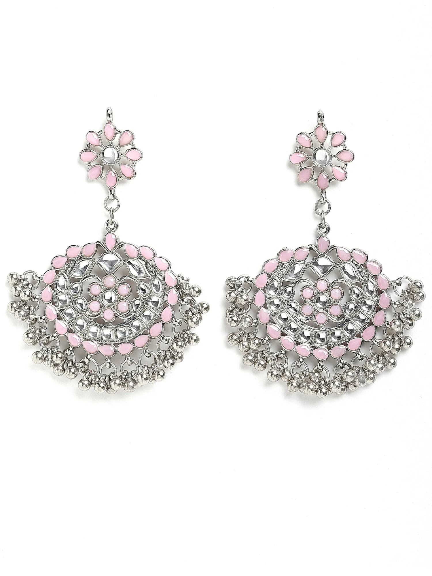 Antique Baby Pink Kundan Studded Oxidised Silver Handcrafted Chandbali Earrings