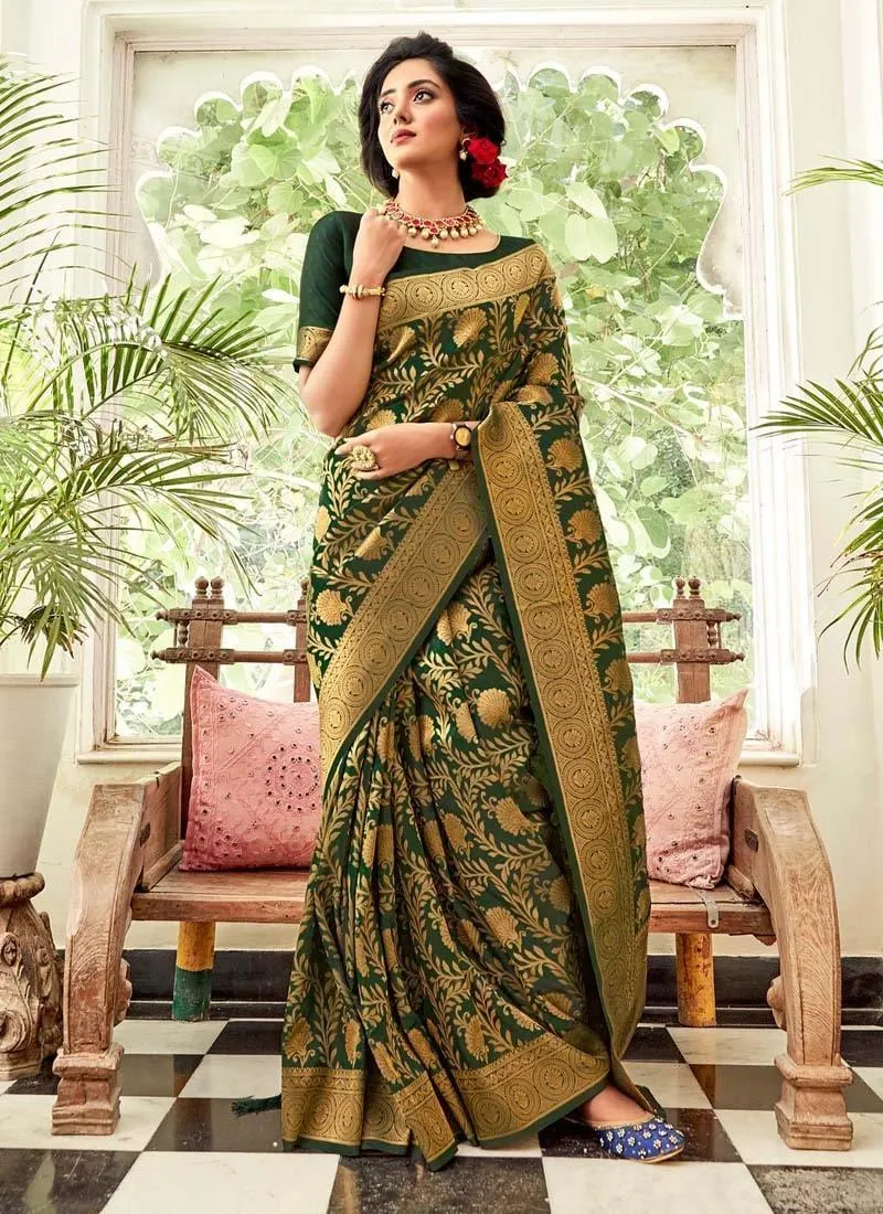 Appealing Look Dark Olive Green Color Silk Fabric Saree With Silk Weaving