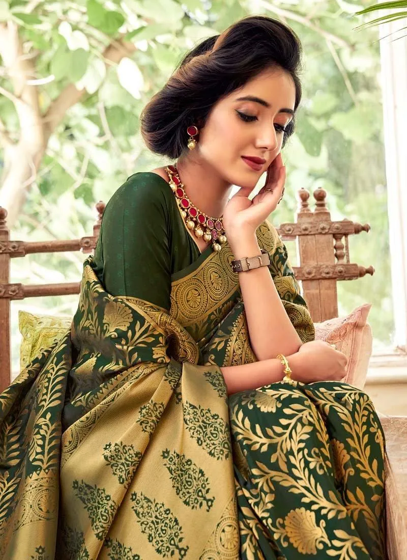 Appealing Look Dark Olive Green Color Silk Fabric Saree With Silk Weaving