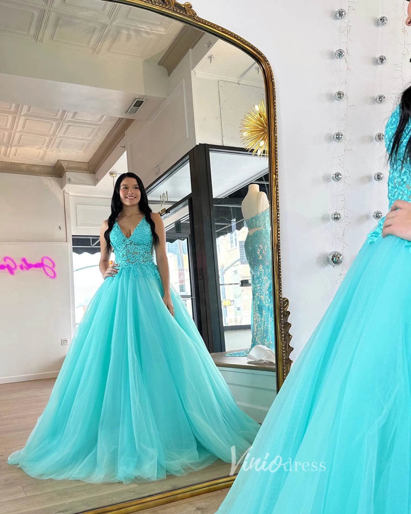 Aqua Lace Applique Prom Dresses V-Neck Formal Gown FD3610