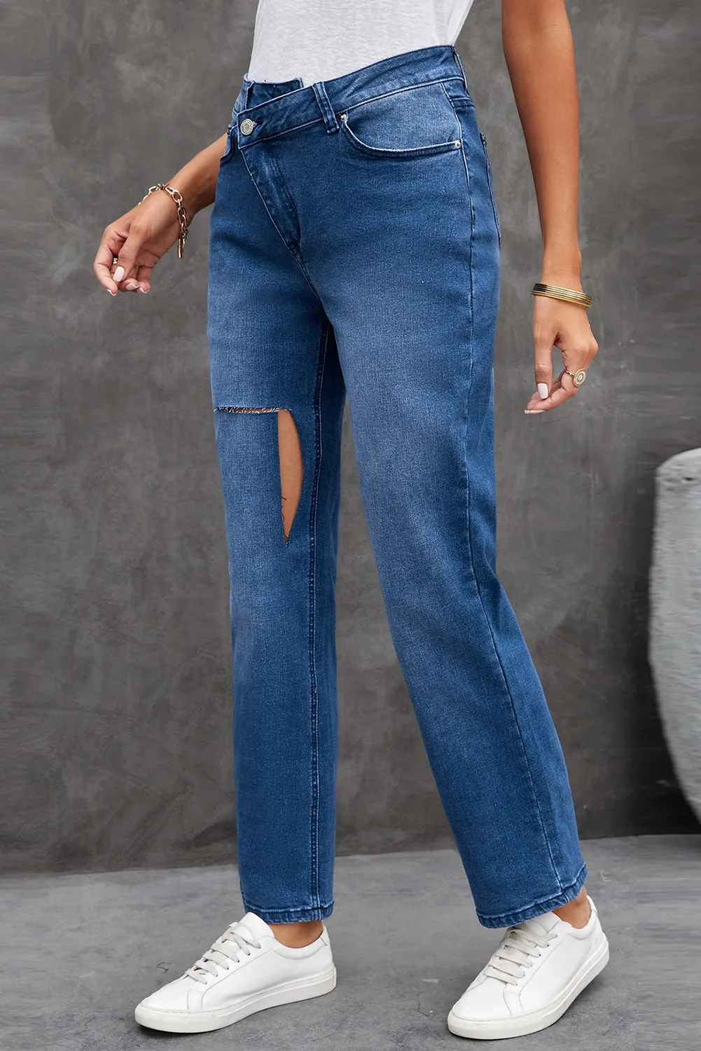 Asymmetrical High Waist Distressed Jeans