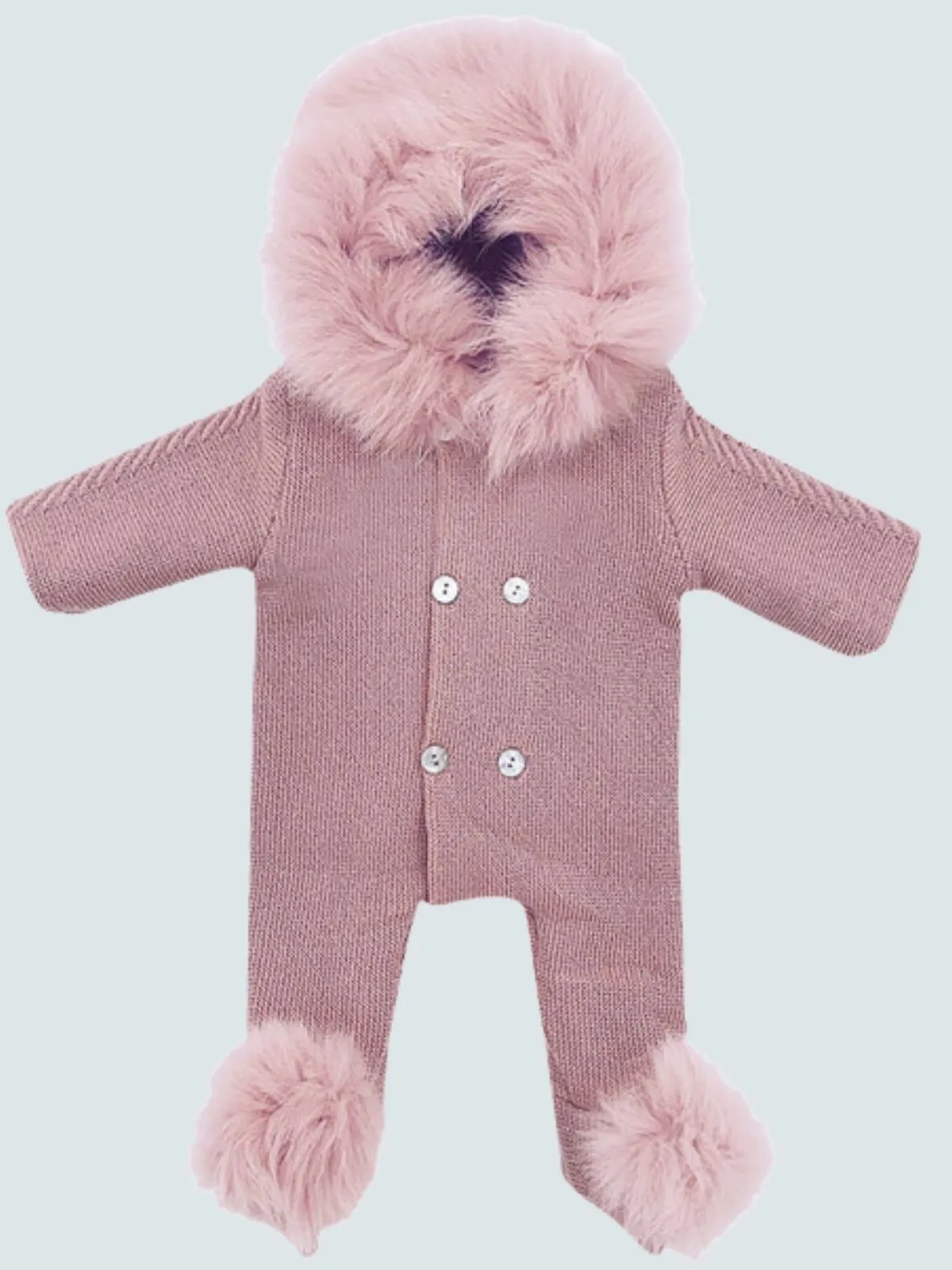 Baby Winter Fur Hood Cardigan Knit Romper with Footies