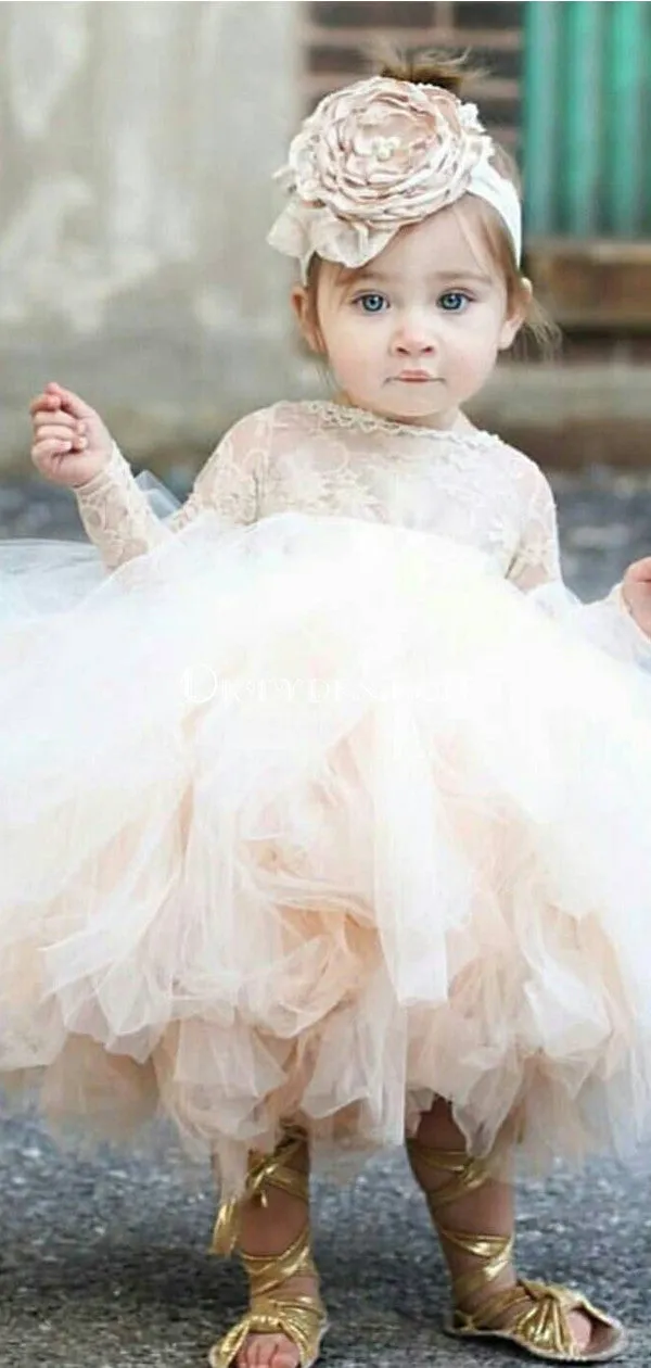 Ball Gown Bateau Long Sleeves Short Tulle Cute Flower Girl Dress with Lace, TYP1010