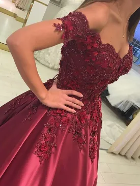 Ball Gown Off-the-Shoulder Floor-Length Burgundy Prom Dresses,  Ball Gown Lace Formal Dresses