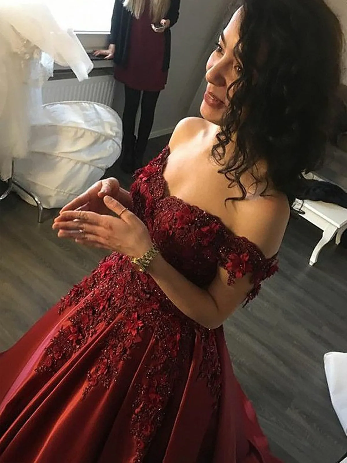 Ball Gown Off-the-Shoulder Floor-Length Burgundy Prom Dresses,  Ball Gown Lace Formal Dresses