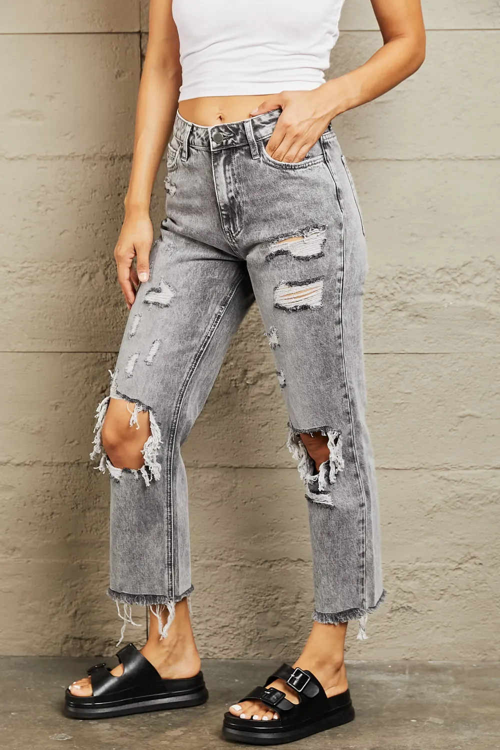 BAYEAS Acid Wash Distressed Straight Jeans