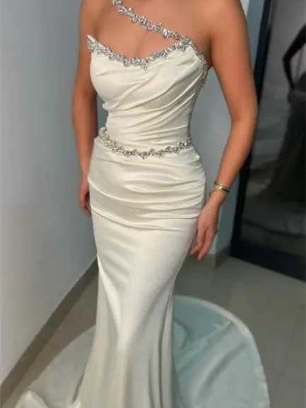 Beaded Scoop Neckline Ivory Satin Prom Dresses, Mermaid Prom Dresses, 2024 Prom Dresses, Chic Wedding Dresses