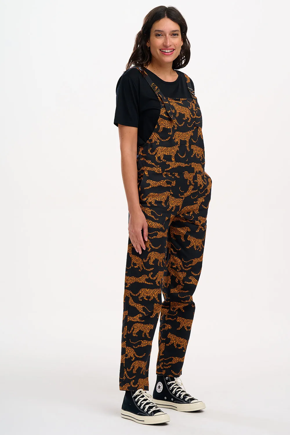 Beau Dungarees - Black/Tan, Large Leopards