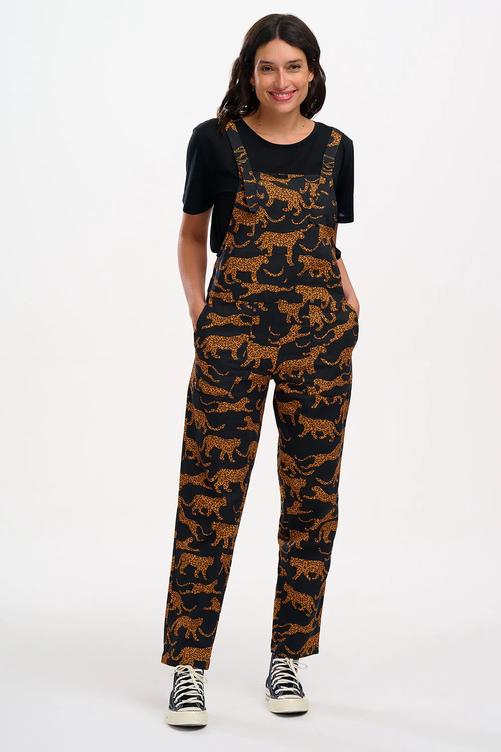 Beau Dungarees - Black/Tan, Large Leopards