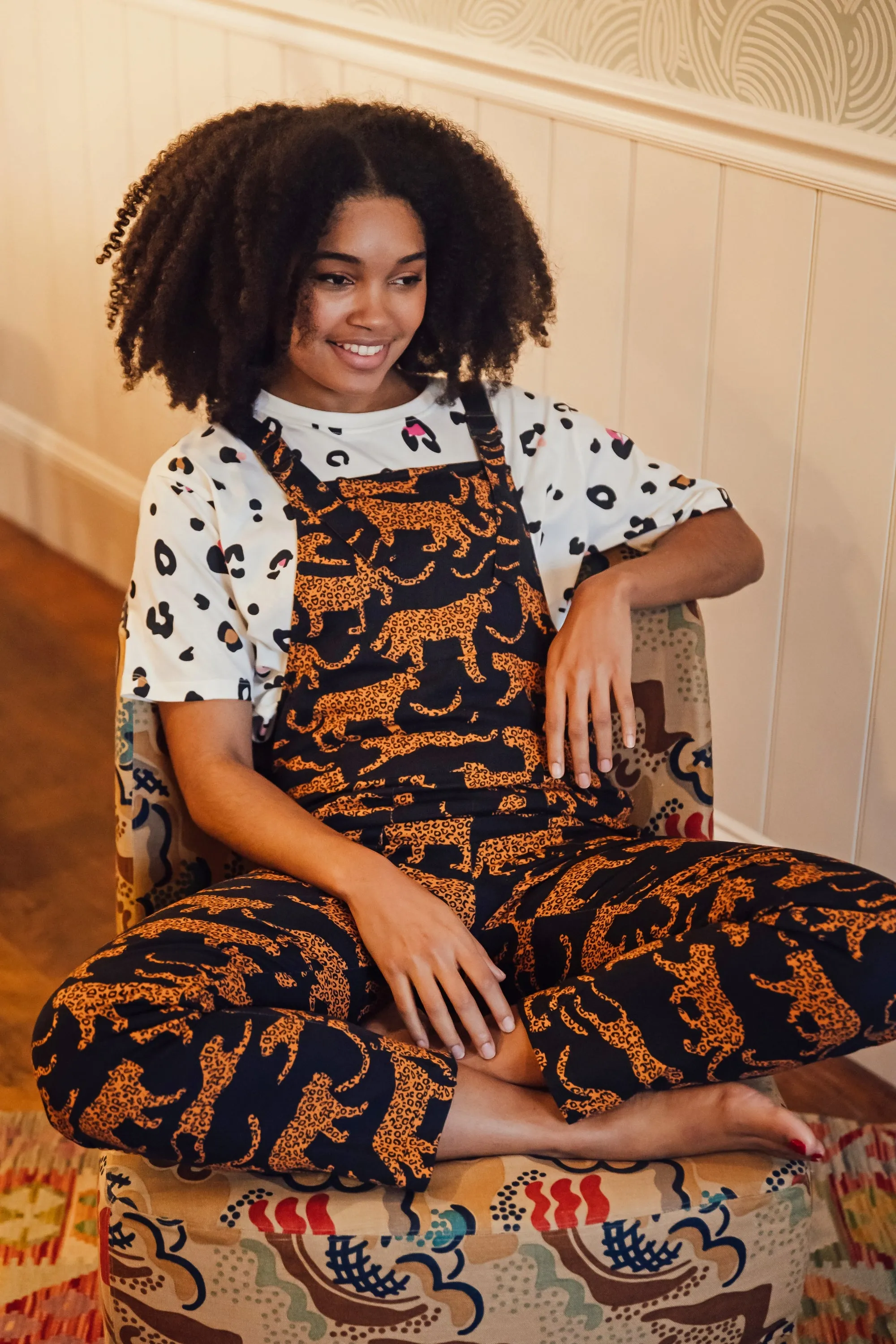 Beau Dungarees - Black/Tan, Large Leopards