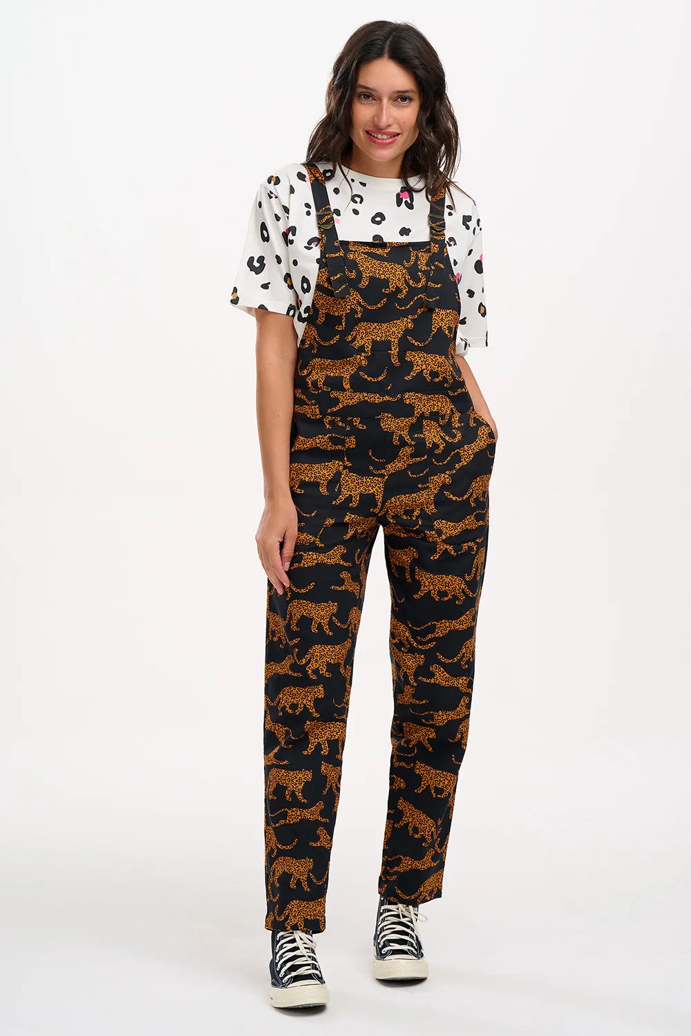 Beau Dungarees - Black/Tan, Large Leopards