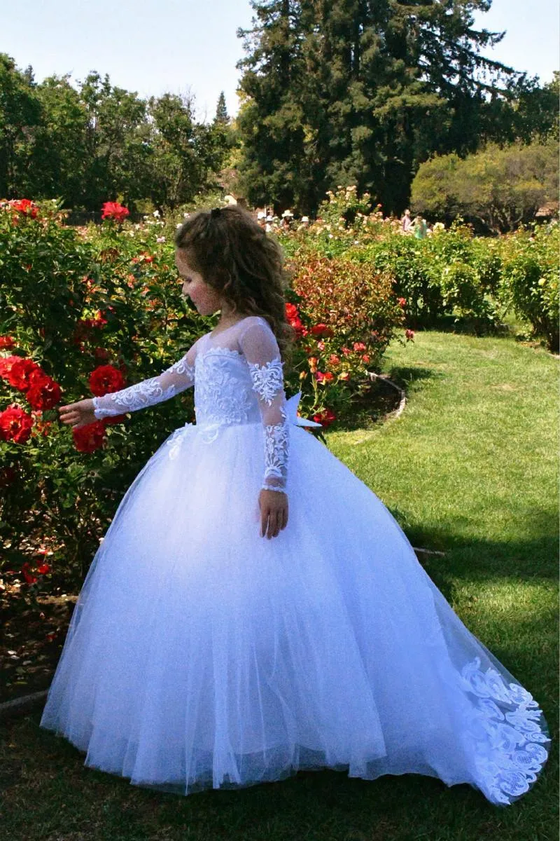 Beautiful Long A-line Tulle Lace Beaded Flower Girl Dresses With Sleeves