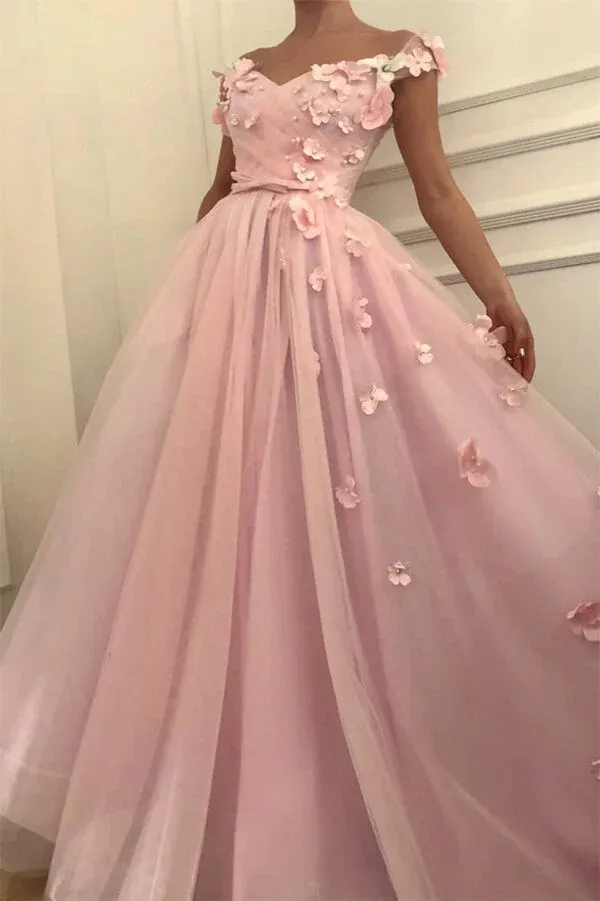 Beautiful Tulle A-line Off-the-Shoulder Long Prom Dresses With 3D Flowers,BD930817