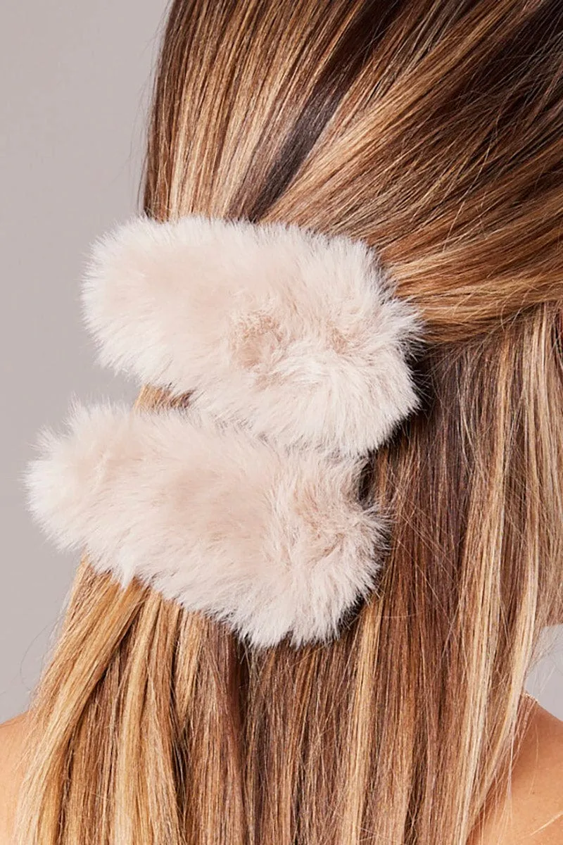 Beige 2 Pack Faux Fur Hair Clips