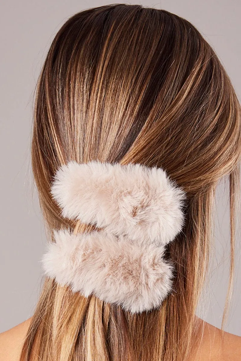 Beige 2 Pack Faux Fur Hair Clips