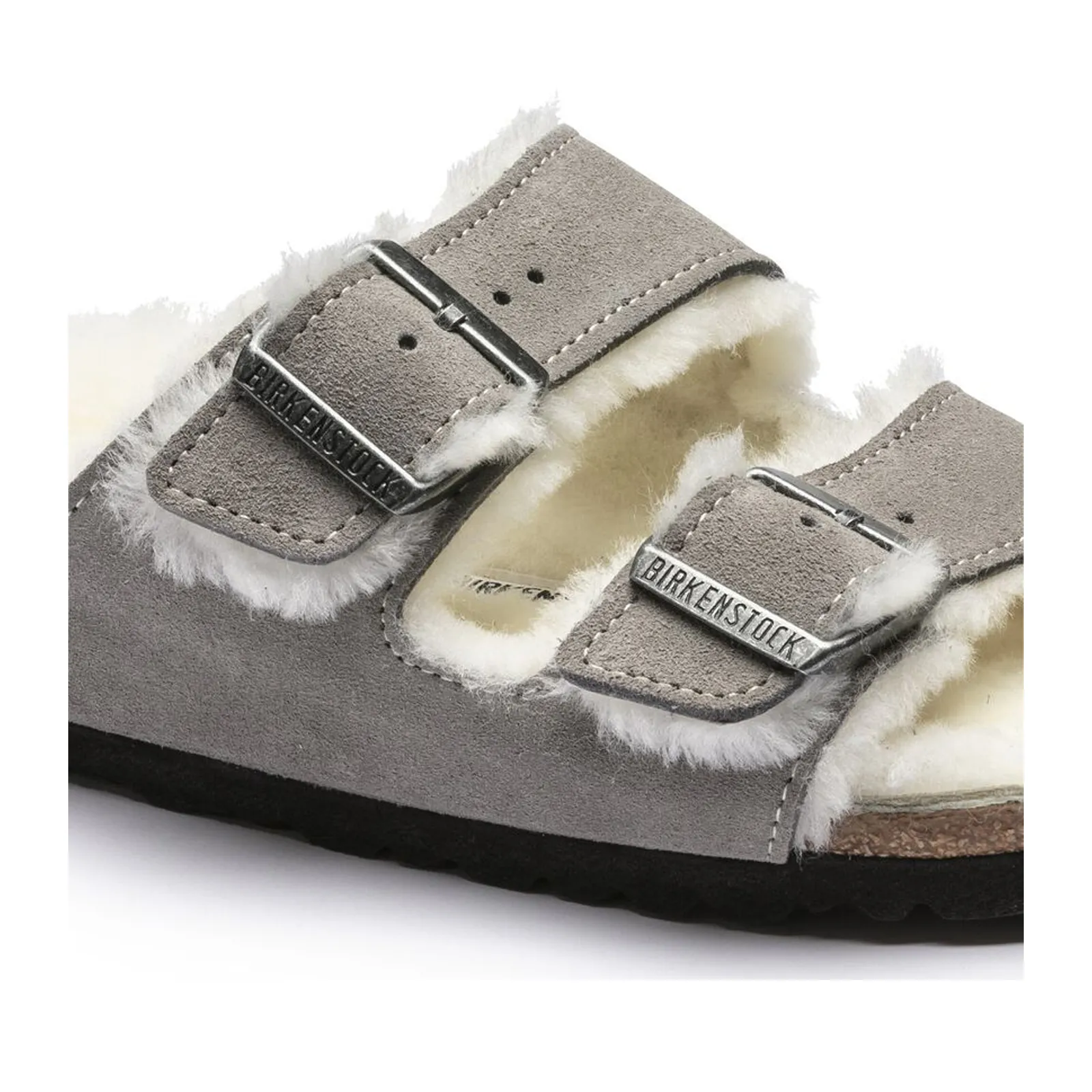 Birkenstock Arizona Shearling Narrow Slide Sandal (Women) - Stone Coin/Natural Suede