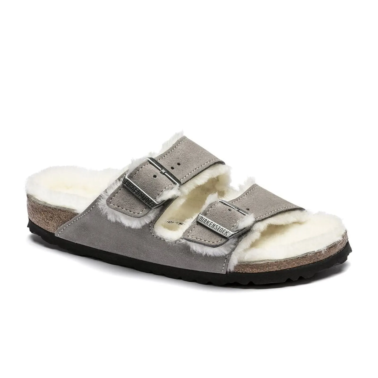 Birkenstock Arizona Shearling Narrow Slide Sandal (Women) - Stone Coin/Natural Suede