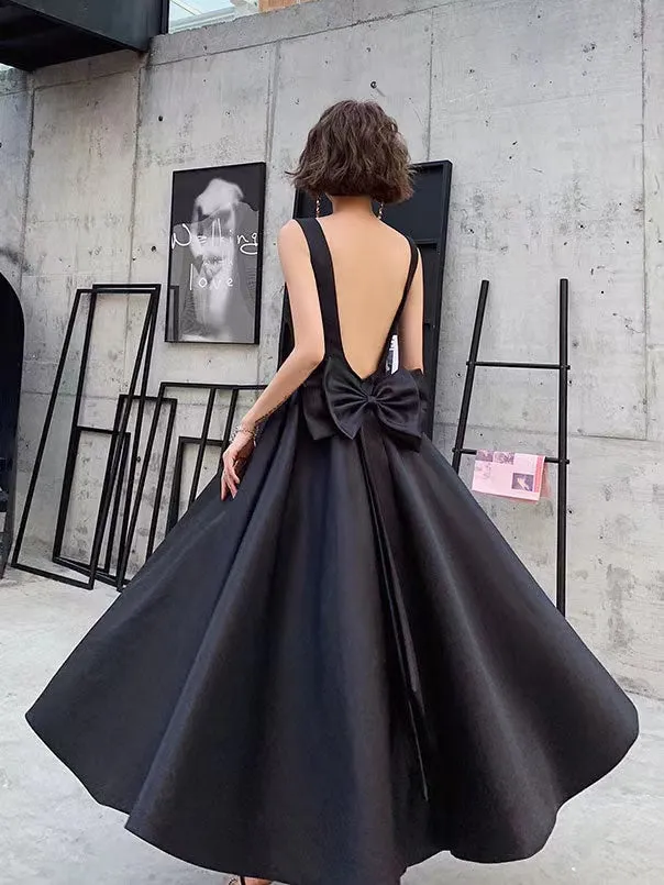 Black A-line Satin Prom Dresses, Simple Girl Normal Dresses, 2022 Newest Party Dresses