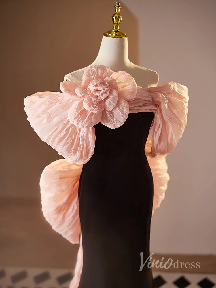 Black and Pink Rosette Bow Prom Dresses Velvet Bodice Pleated Tulle 90020