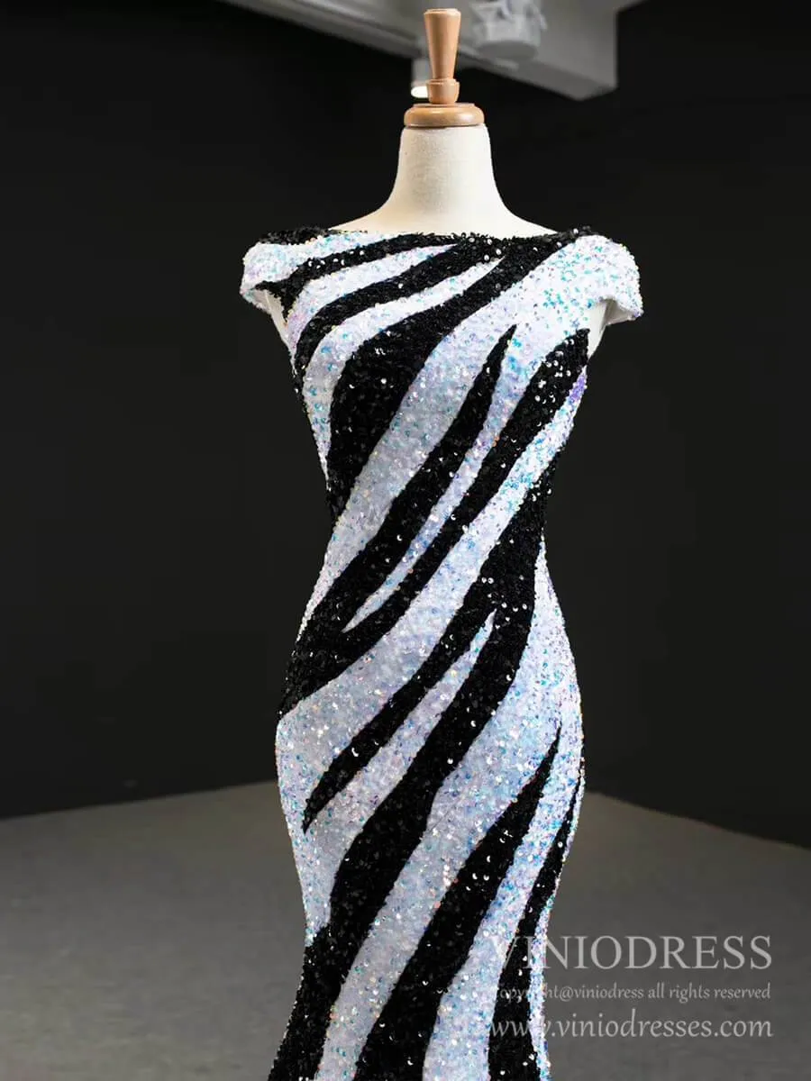 Black and White Mermaid Sequin Pageant Dresses Formal Gowns FD2400 viniodress