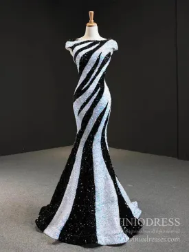 Black and White Mermaid Sequin Pageant Dresses Formal Gowns FD2400 viniodress