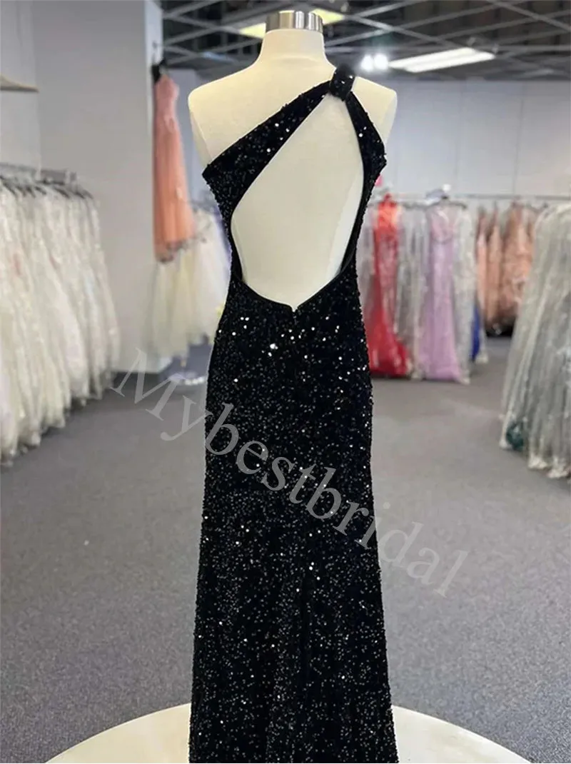 Black Elegant One shoulder Side slit Mermaid Prom Dresses,PDS0883