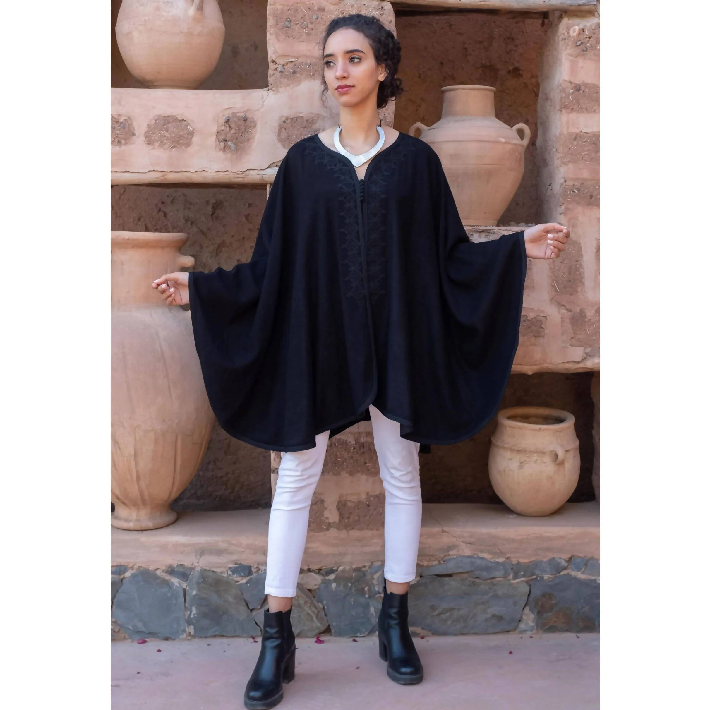 Black Embroidered wool and cashmere cape