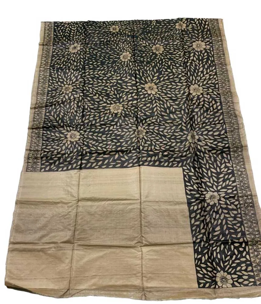 Black Hand Painted Madhubani Tussar Silk Saree