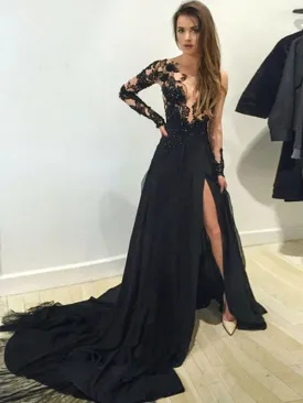 Black Lace Applique Side Slit A Line With Train Long Evening Prom Dresses, PD0016