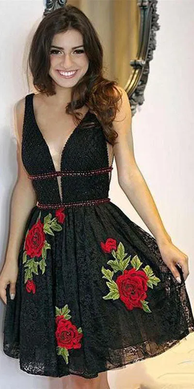 Black Lace Floral Embroidered Junior Homecoming Dresses | Short Party Dresses, SH449