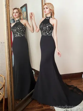 Black Mermaid Halter Sleeveless Long Prom Dresses Online, Dance Dresses,12572