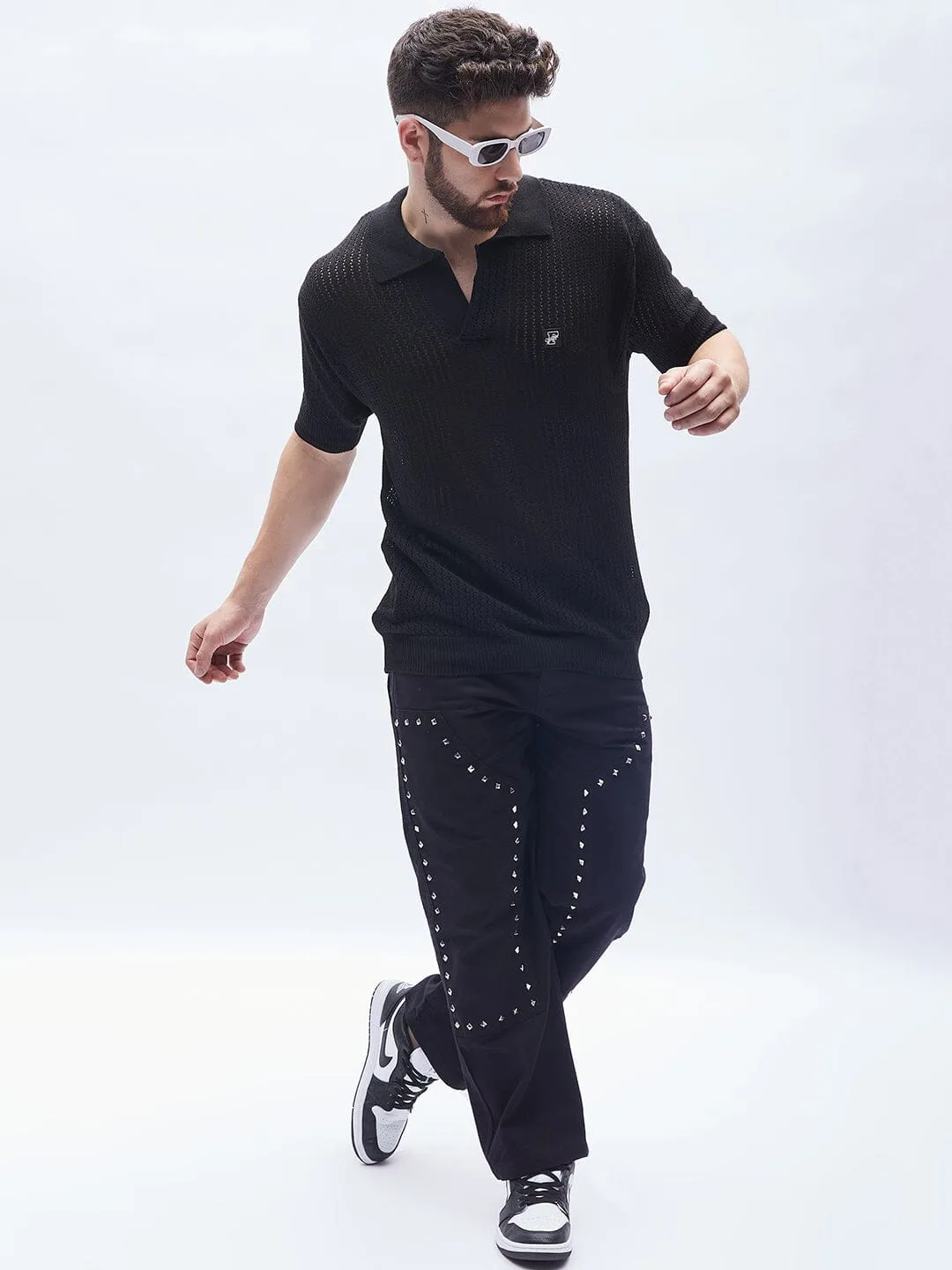 Black Twill Studded Carpenter Trousers