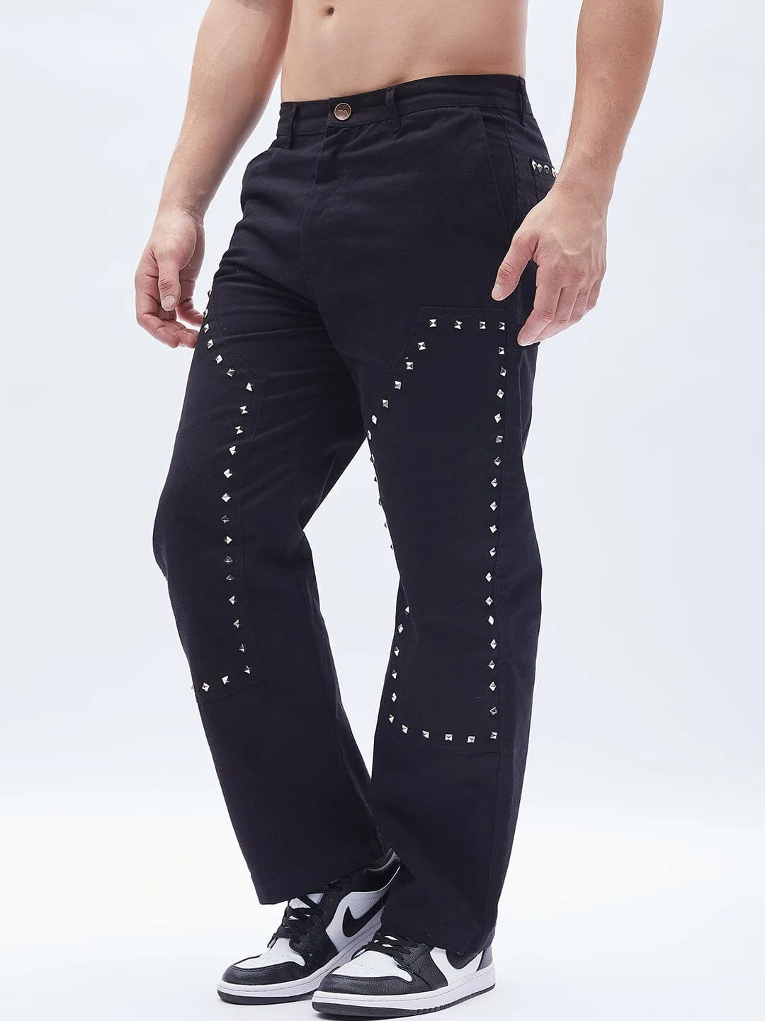 Black Twill Studded Carpenter Trousers