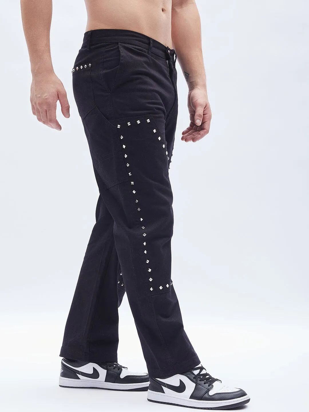 Black Twill Studded Carpenter Trousers