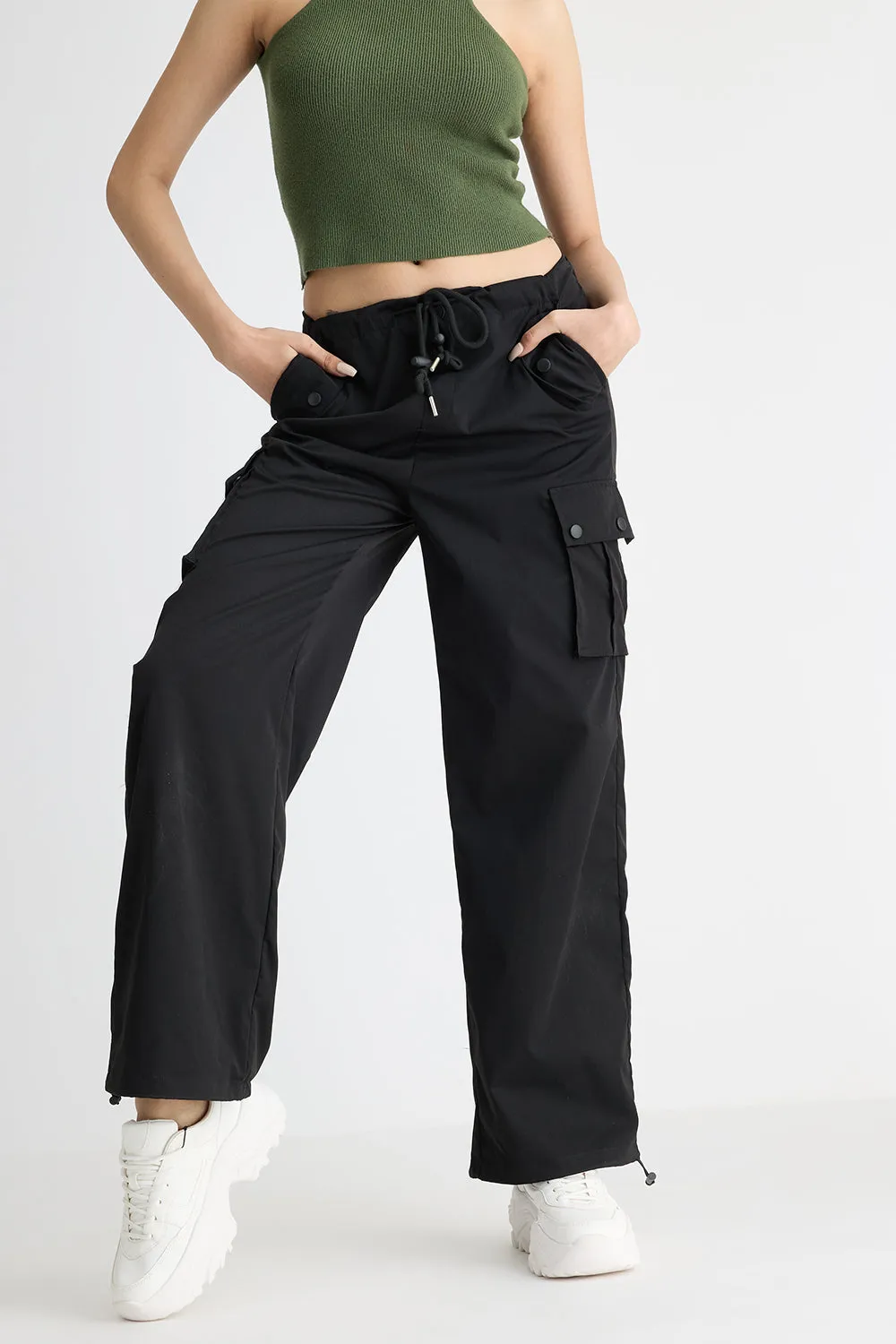 Black Wide Leg Cargo Trouser