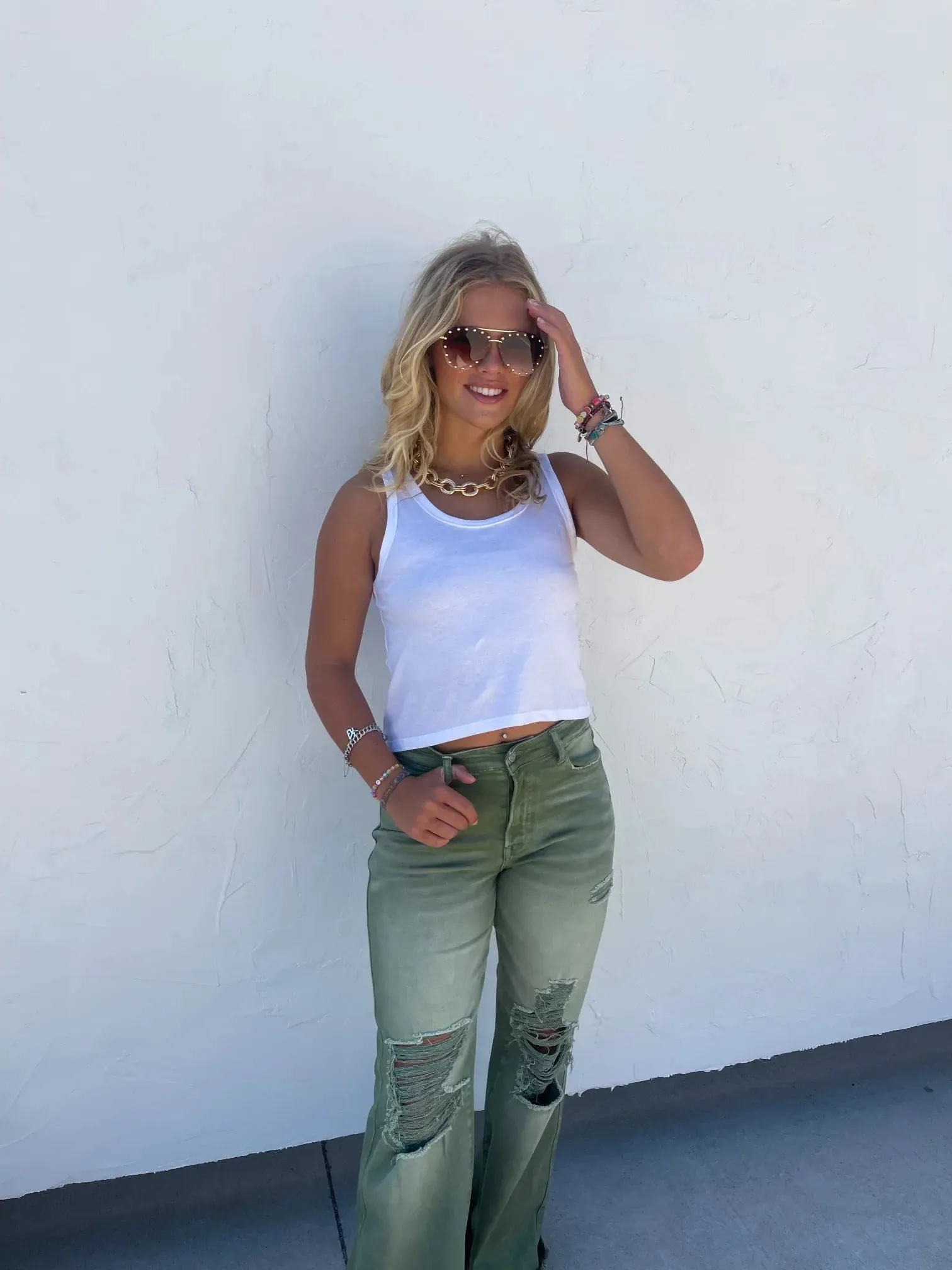 Blakeley Distressed Jeans In Olive and Camel Tall Inseam