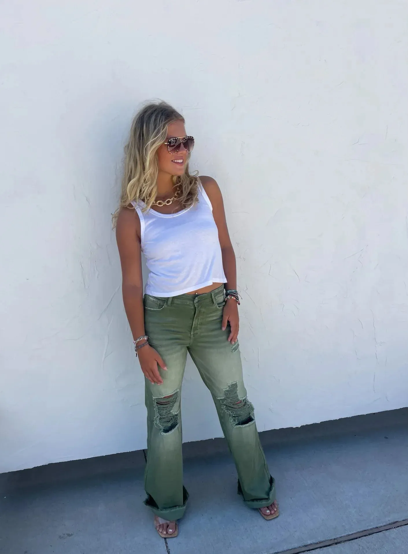 Blakeley Distressed Jeans In Olive and Camel Tall Inseam