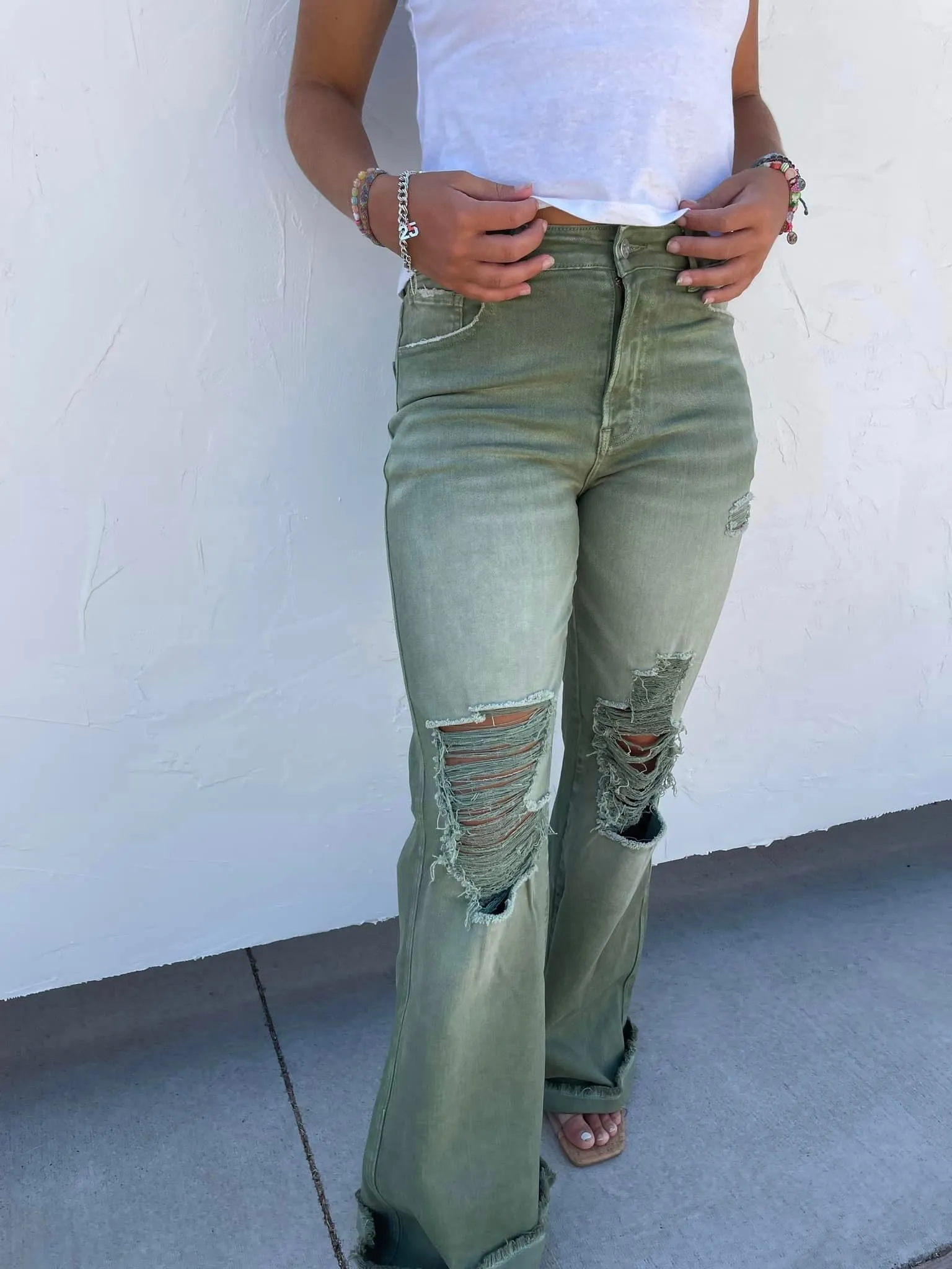 Blakeley Distressed Jeans In Olive and Camel Tall Inseam