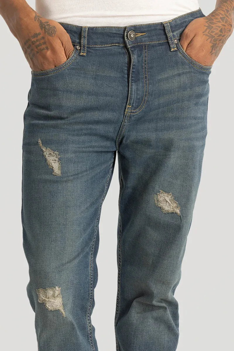 Blue Distressed Comfort Fit Jeans