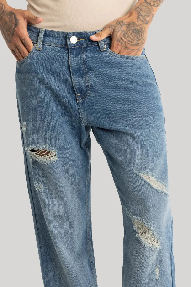 Blue Distressed Relaxed Fit Jeans