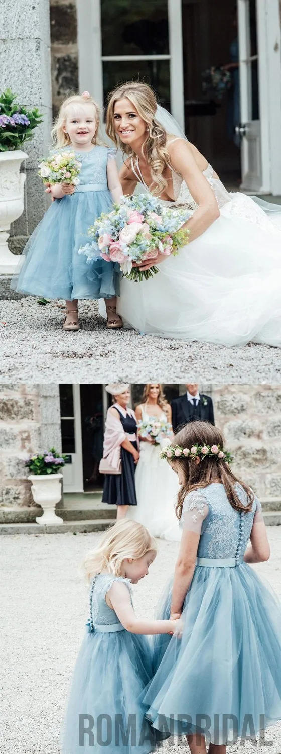 Blue Lace Top Tulle Flower Girl Dresses, FG045