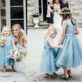 Blue Lace Top Tulle Flower Girl Dresses, FG045