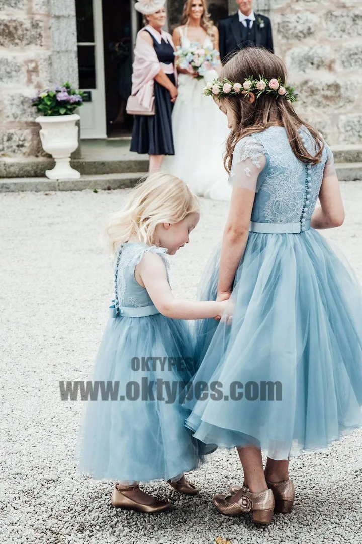 Blue Lace Top Tulle Flower Girl Dresses, Popular Cheap Junior Bridesmaid Dresses, TYP0621